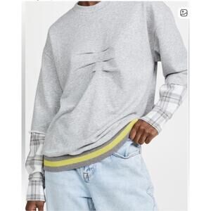 NWT Le Superbe No Comply Sweatshirt Flannel Sleeves Gray Crewneck Women’s L